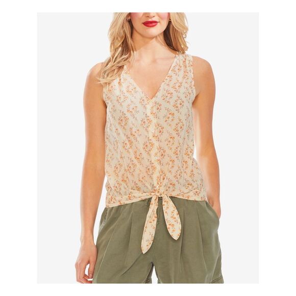 VINCE CAMUTO Tops - VINCE CAMUTO Womens Beige Tie Floral Sleeveless V Neck Button Up Top Size: XS